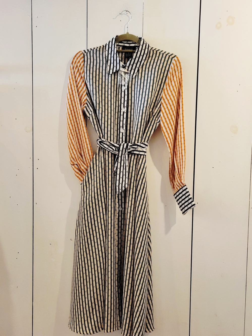 NWT Gracia Striped Belted Shirt Dress in Black, White & Orange